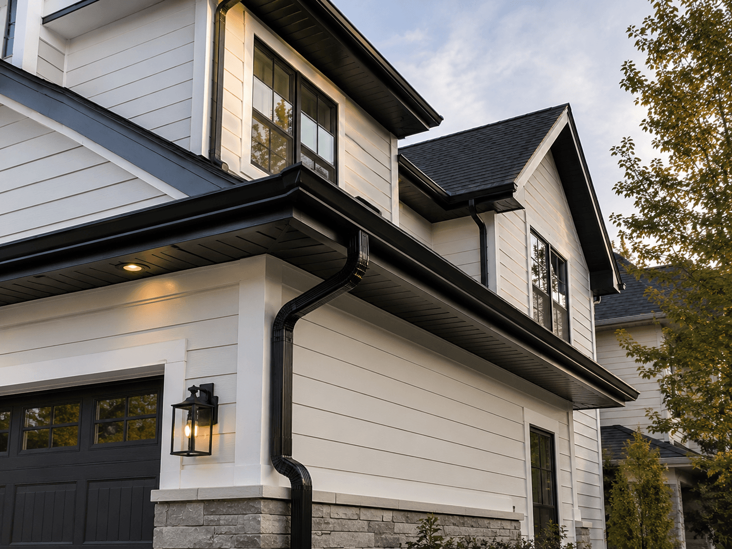 New black seamless gutters on a modern white Georgia home